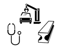 Icons for automotive, construction and a doctor's stethoscope 