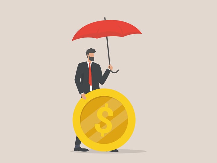 Illustration of a businessman holding umbrella over a large gold coin - business concept of money protection.