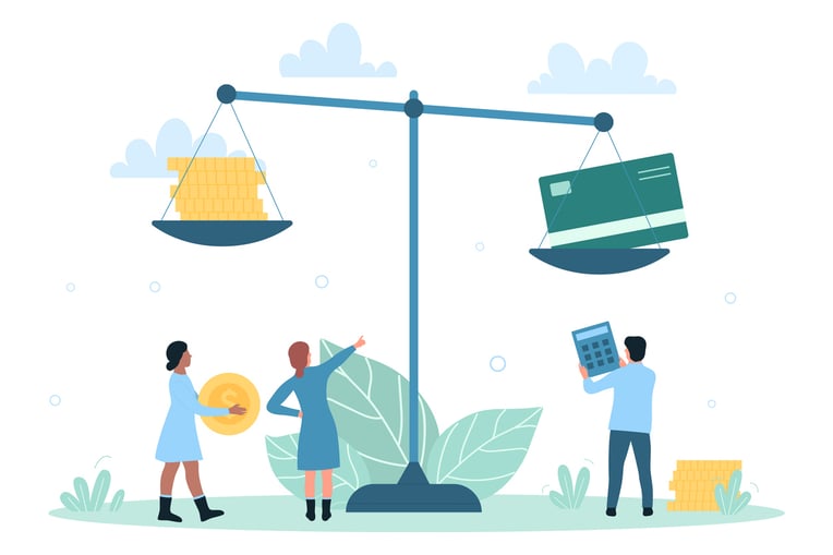 A scale with with Credit Card Fees weighed down, the other has Checks/ACH balanced and lighter