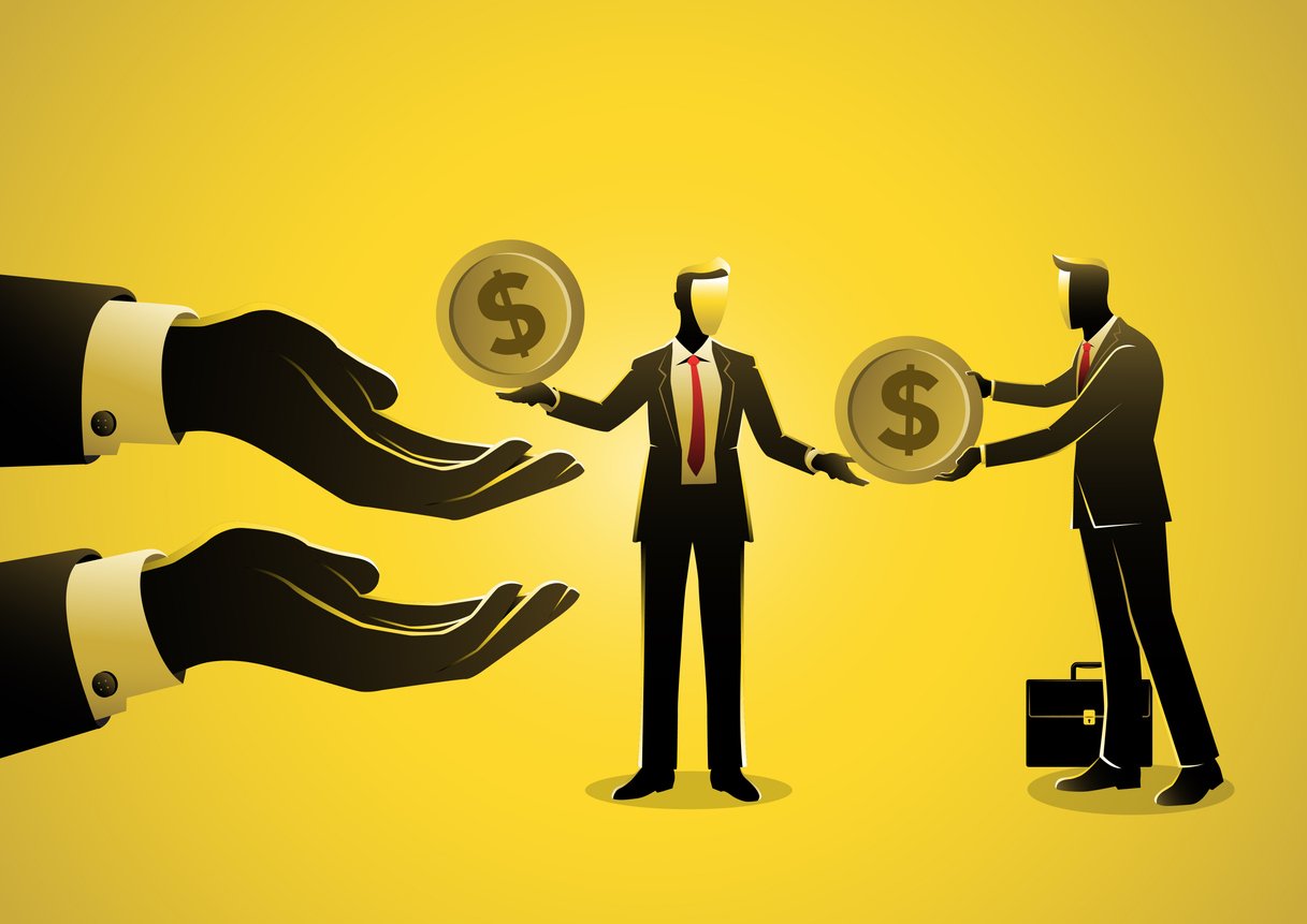a vector image of a business owner passing money to an employee and the employee passing the money on to hands signifying bills