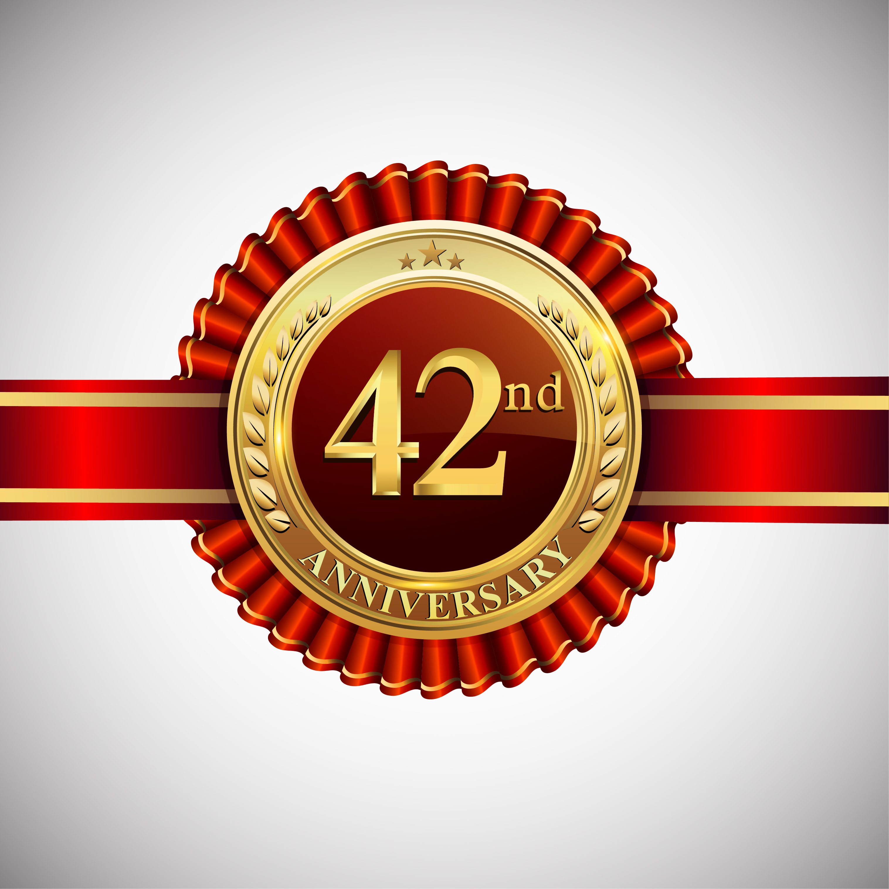 Celebrating 42nd anniversary symbol, with golden badge and red ribbon isolated on white background. 